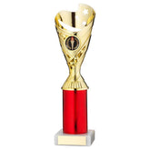 GOLD/RED PLASTIC 'SABRE' CUP ASSEMBLED ON MARBLE (1in CEN) - 10in
